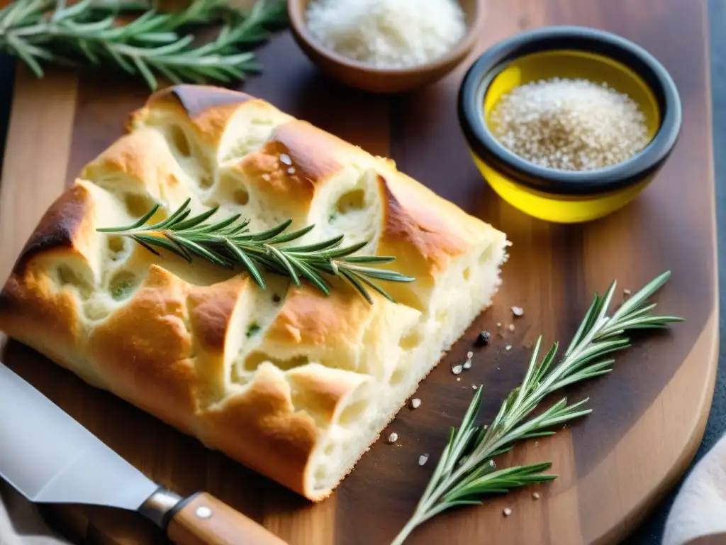 Deliciosa focaccia sin gluten receta fácil con romero, aceite de oliva y sal en tabla de madera rústica