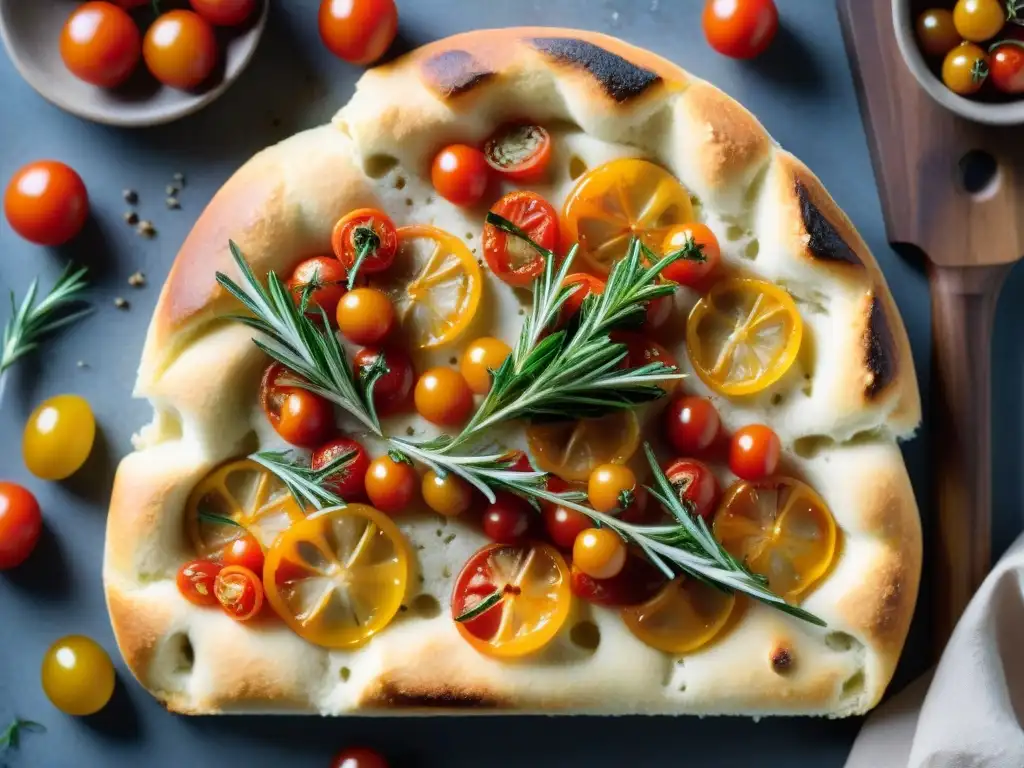 Deliciosa focaccia sin gluten receta fácil con tomates cherry, romero y sal marina en tabla de madera rústica