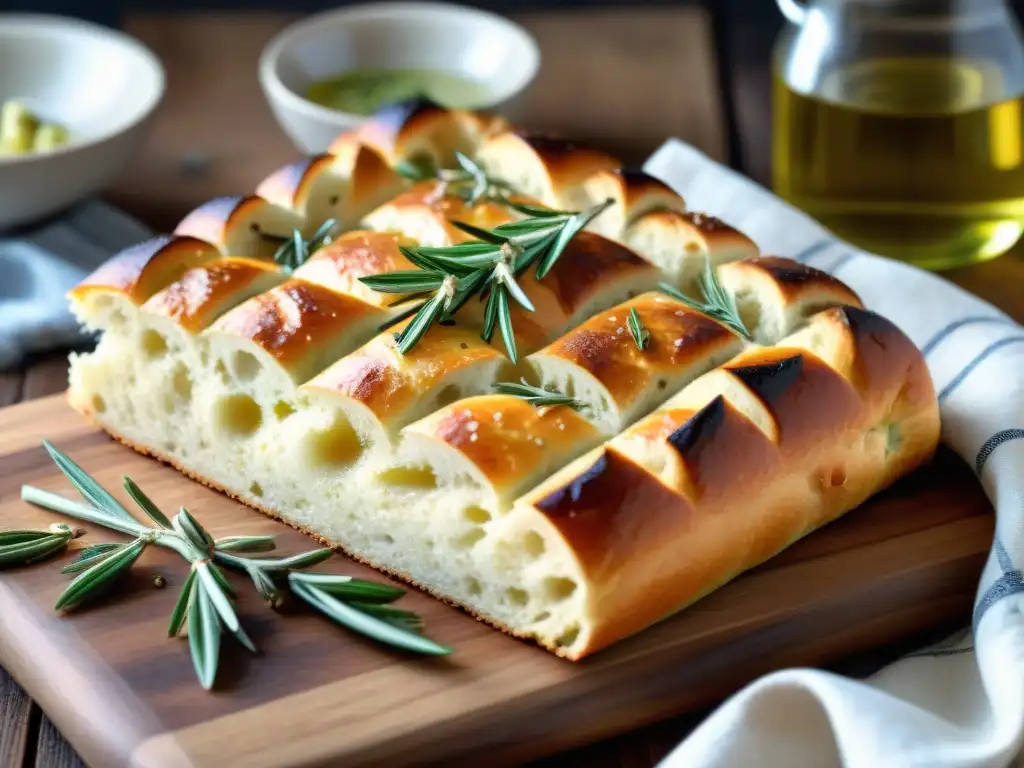 Deliciosa focaccia sin gluten, dorada y espolvoreada con romero, lista para saborear en una cocina italiana