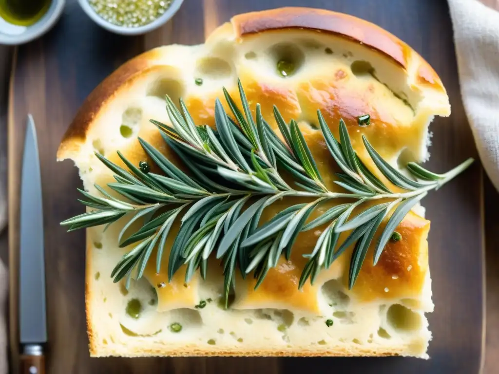 Deliciosa focaccia sin gluten con hierbas frescas, recién horneada en tabla de madera rústica