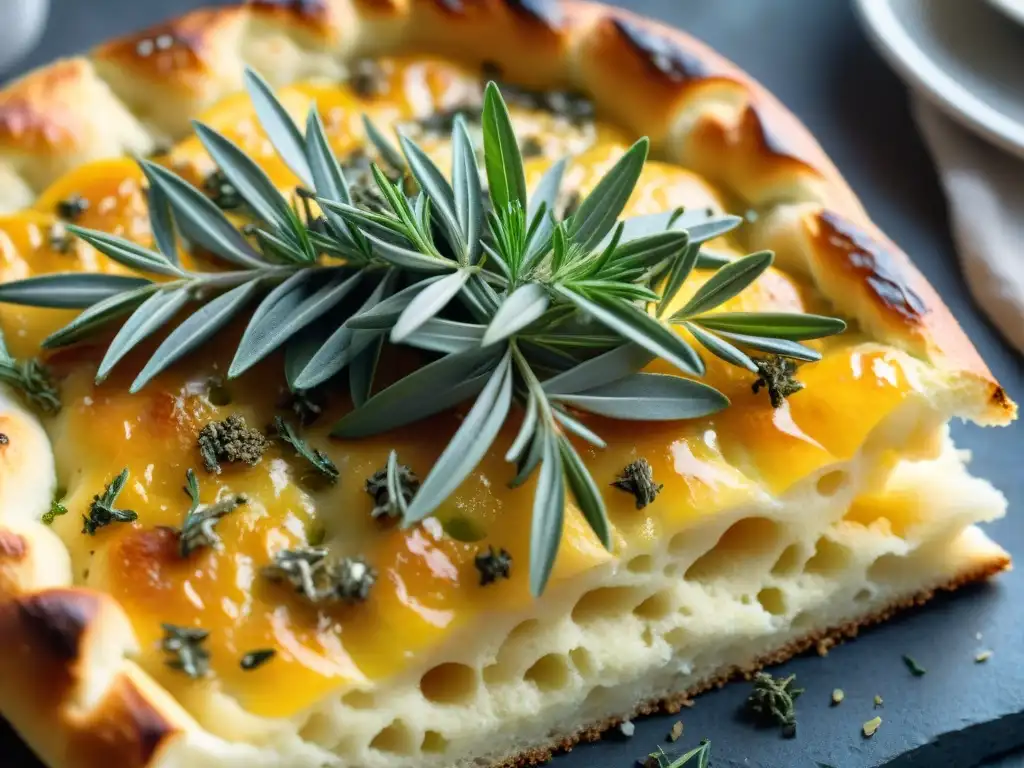 Deliciosa focaccia sin gluten con hierbas frescas, crujiente y aromática bajo suave luz natural