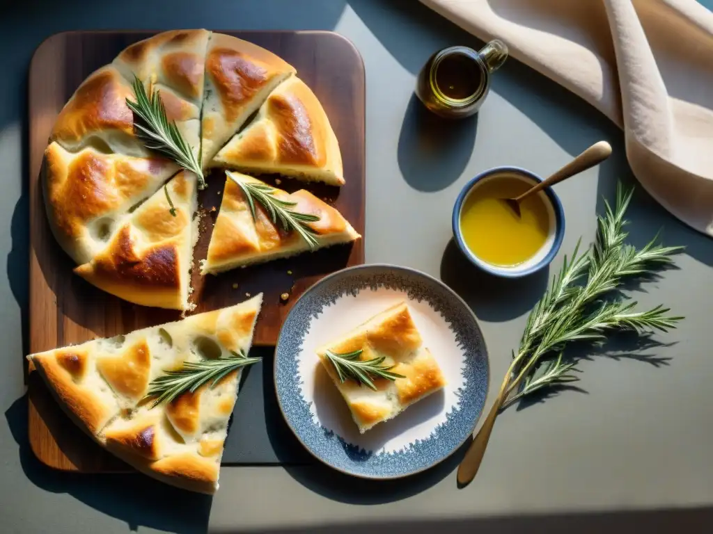 Deliciosa focaccia sin gluten recién horneada en mesa rústica con aceite de oliva y vinagre balsámico, receta fácil