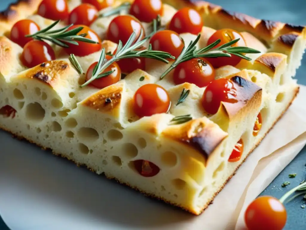 Una deliciosa Focaccia Italiana Sin Gluten con tomates cherry, romero y sal marina, ideal para Recetas de pan sin gluten innovadoras