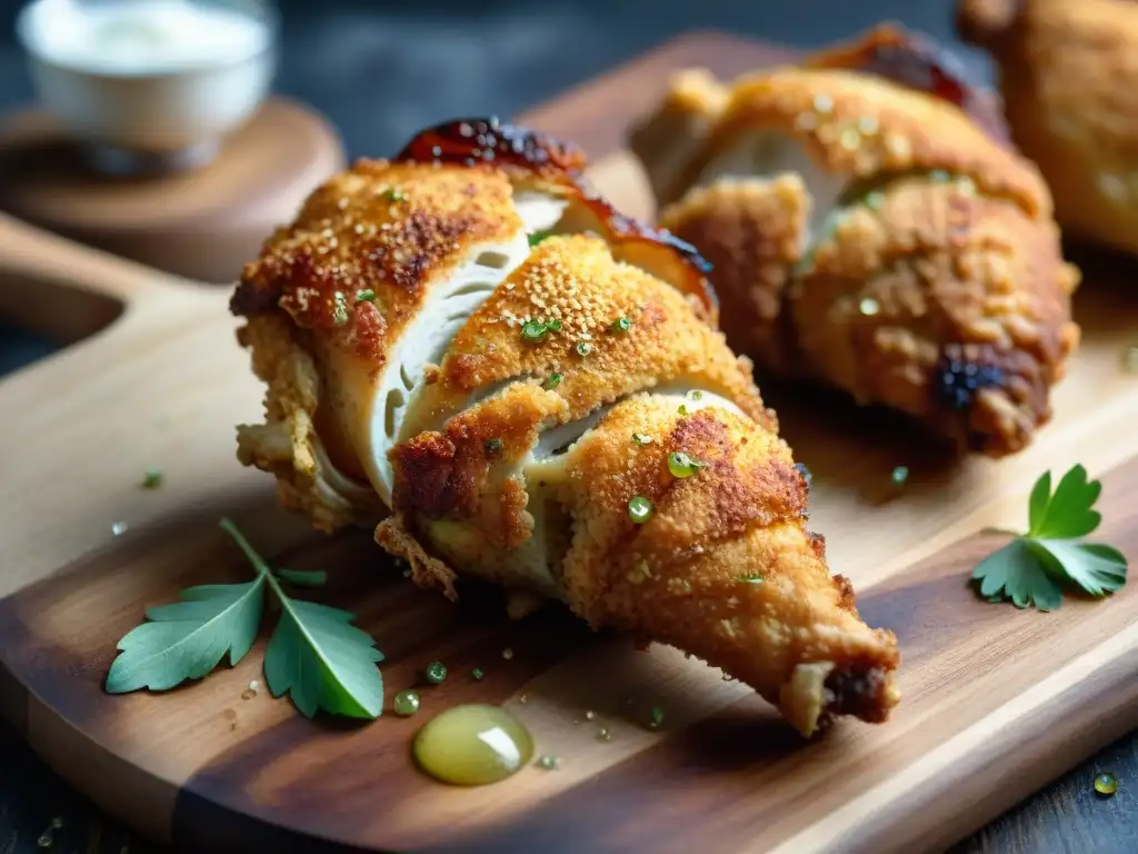 Deliciosa fritura sin gluten crujiente: muslo de pollo dorado y crujiente sobre tabla de madera rústica, con hierbas frescas y limón