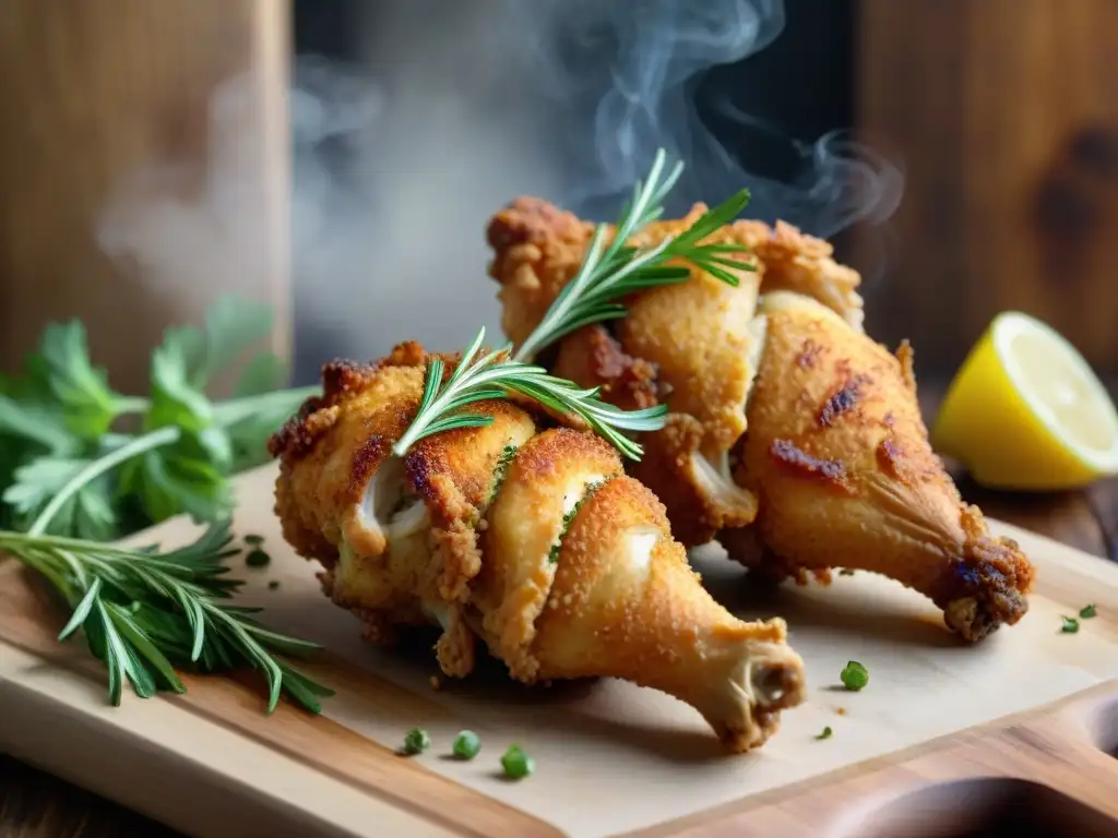 Deliciosa fritura sin gluten crujiente de pollo dorado, decorado con hierbas frescas, en tabla de madera