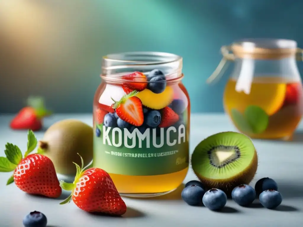 Deliciosa combinación de frutas frescas y Kombucha sin gluten en un entorno acogedor de cocina