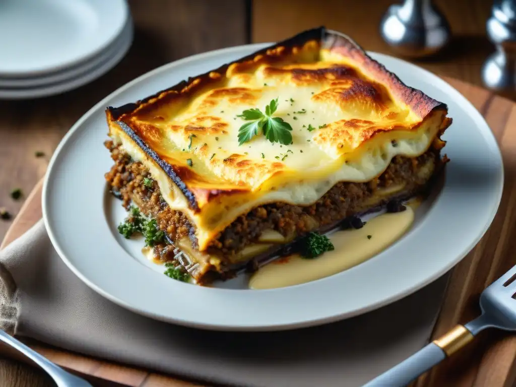 Deliciosa moussaka sin gluten: capas de berenjena, patata, carne sazonada y bechamel cremoso, con hierbas aromáticas