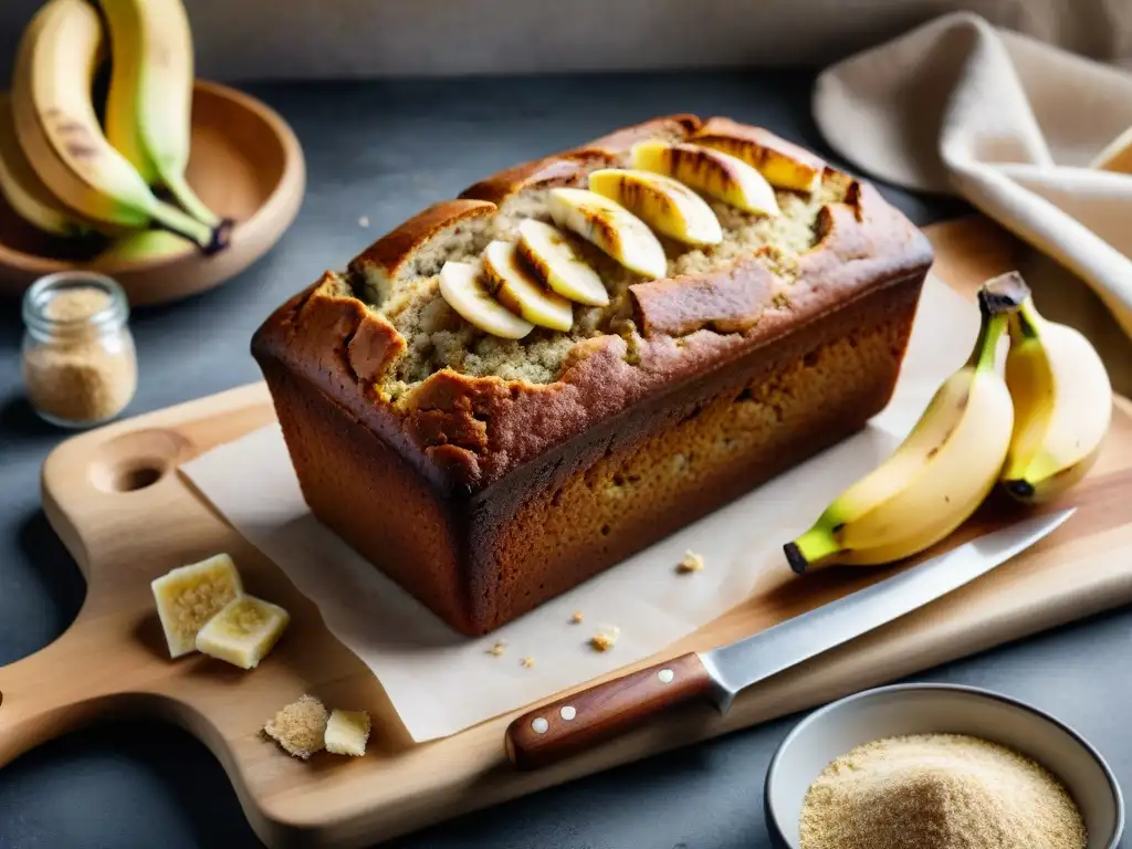 Deliciosa banana bread sin gluten decorado con rodajas de plátano y canela, listo para disfrutar