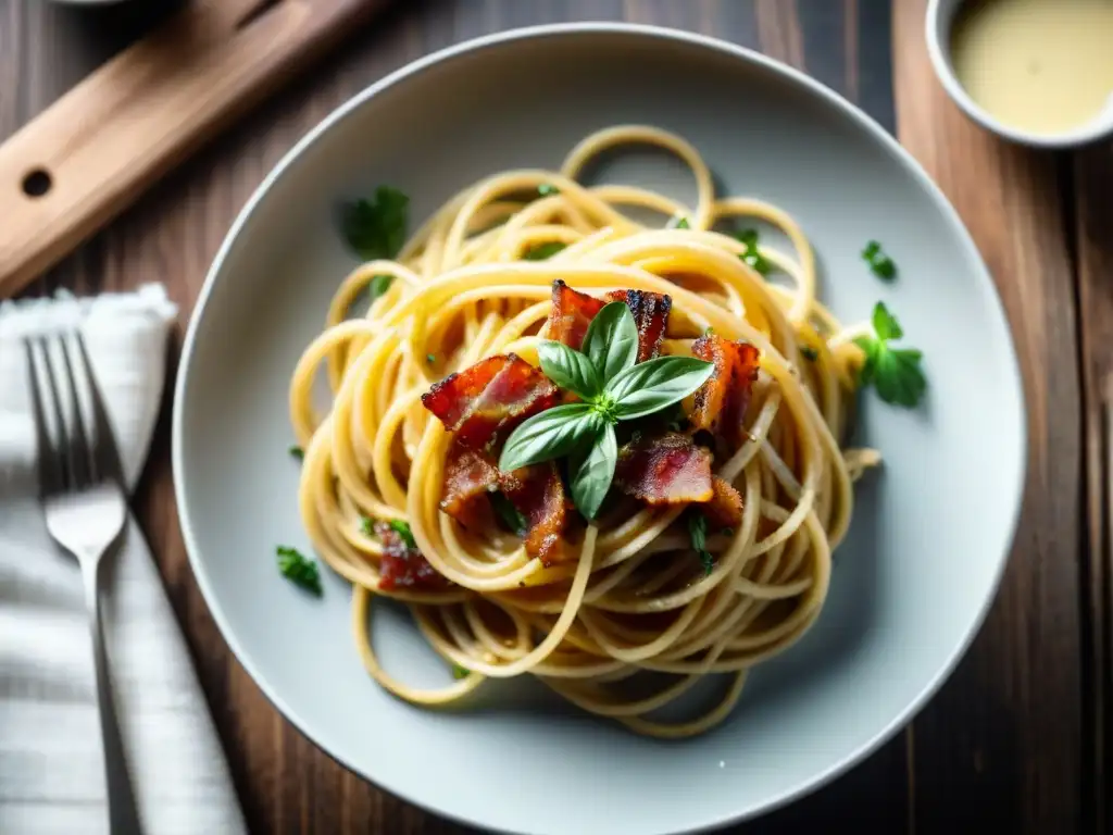 Deliciosa versión sin gluten de espaguetis carbonara en plato clásico