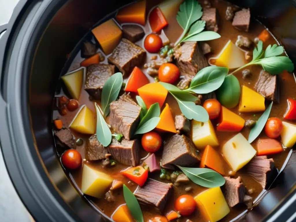 Deliciosa receta Slow Cooker sin gluten: un guiso colorido y reconfortante en una olla roja brillante