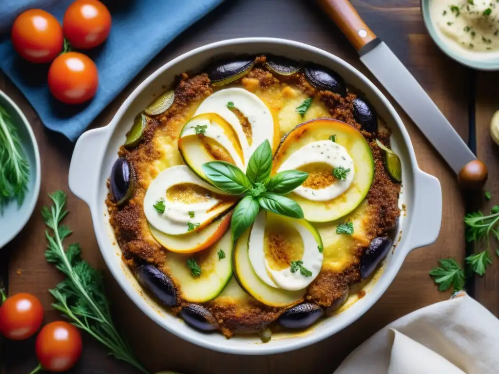 Una deliciosa moussaka sin gluten, una receta innovadora que despierta los sentidos en una cocina mediterránea acogedora