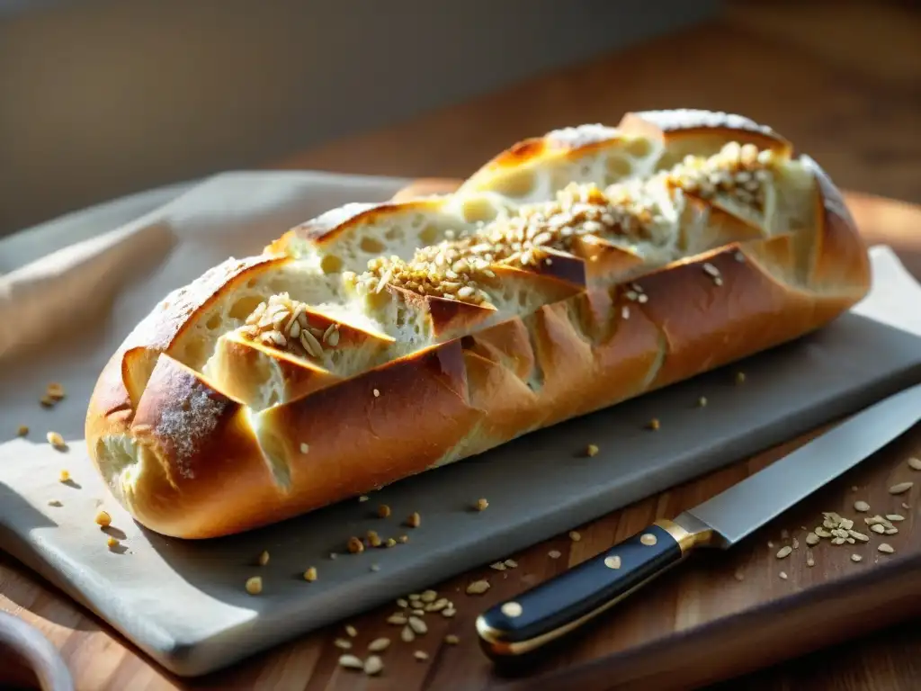 Deliciosa baguette sin gluten en tabla de madera rústica, bañada por luz solar