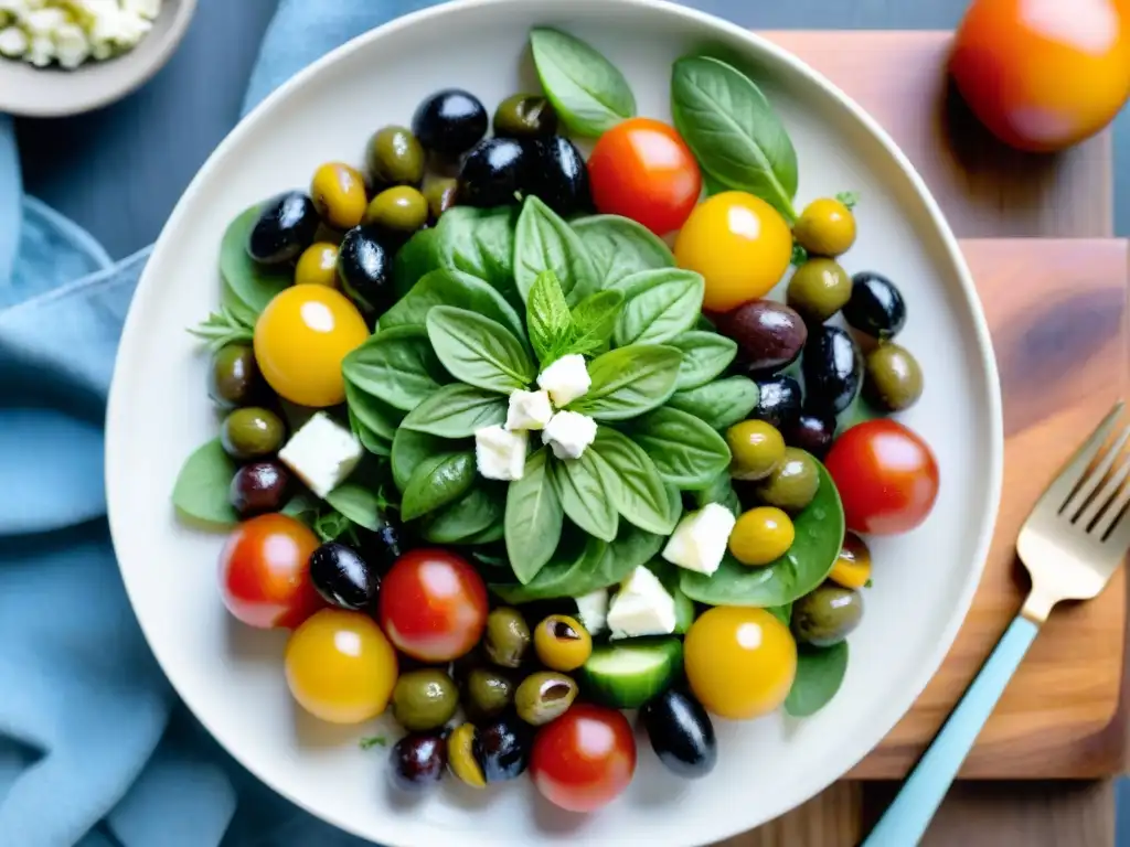 Ensalada mediterránea sin gluten: colorida y deliciosa Deliciosa ensalada mediterránea sin gluten con tomates, pepinos, aceitunas, queso feta y hierbas frescas, sobre una tabla rústica con vista al mar