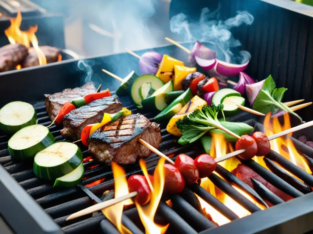 Una deliciosa barbacoa sin gluten con vegetales y carne suculenta en un grill humeante