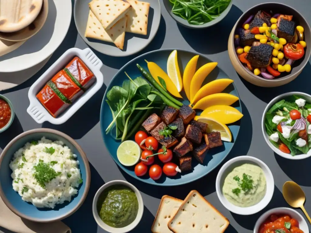 Una deliciosa barbacoa sin gluten en verano con platos vibrantes y coloridos en una mesa rústica bajo la cálida luz del sol