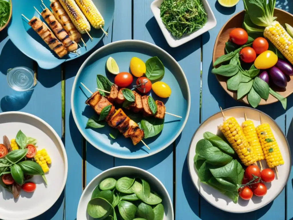 Deliciosa barbacoa sin gluten en verano: pollo marinado, vegetales a la parrilla, maíz y ensaladas frescas en mesa rústica colorida bajo el sol