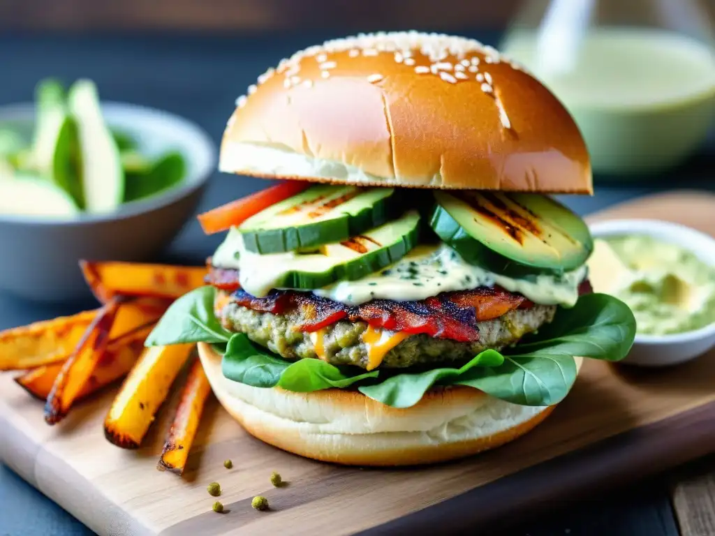 Deliciosa hamburguesa sin gluten con bacon crujiente y papas fritas doradas