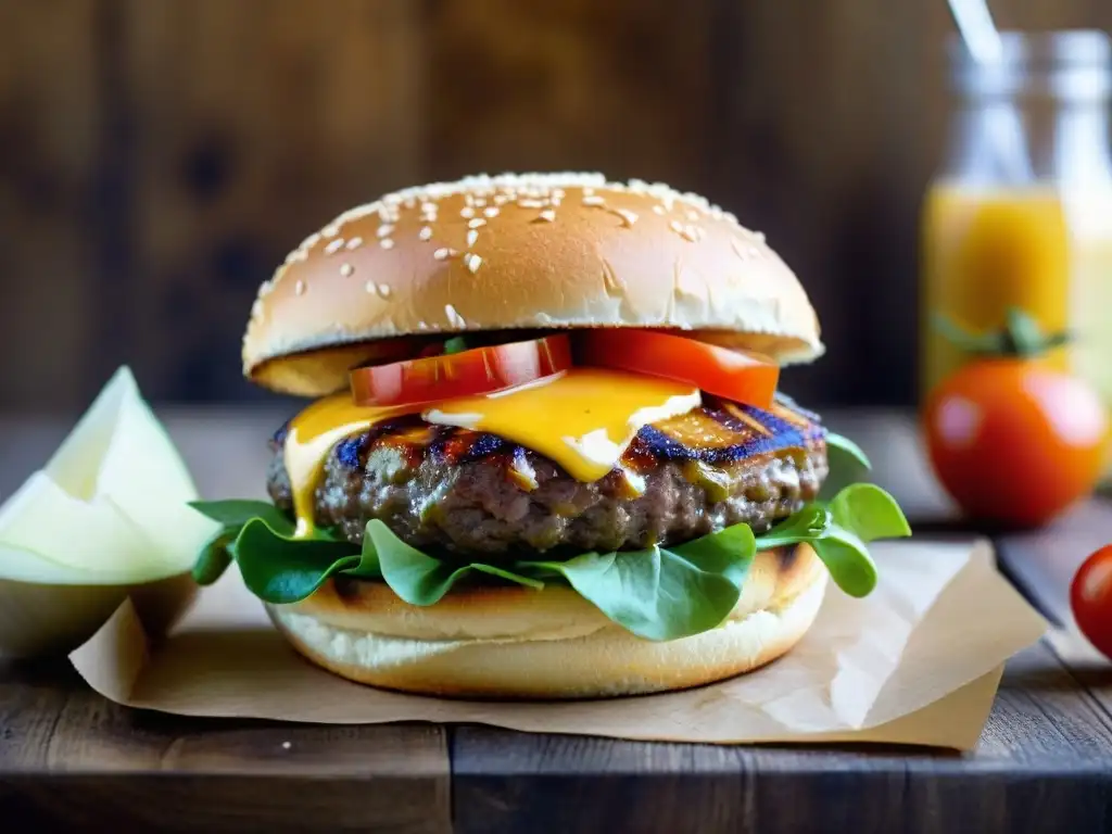 Deliciosa hamburguesa sin gluten con ingredientes frescos y jugosos, en una mesa rústica