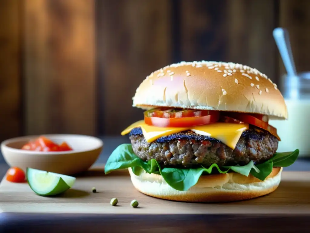 Deliciosa hamburguesa sin gluten saludable con ingredientes frescos en una mesa de madera rústica