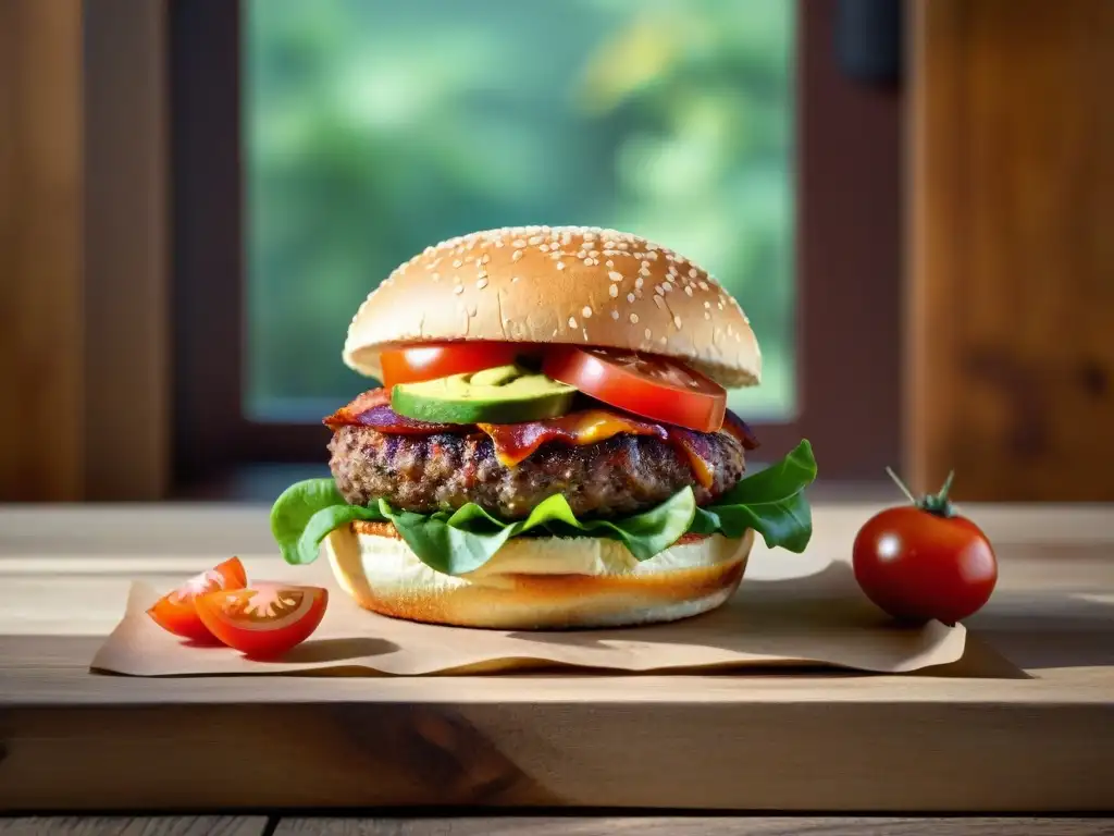 Deliciosa hamburguesa sin gluten saludable con ingredientes frescos y coloridos en una mesa de madera rústica, iluminada por la luz del sol