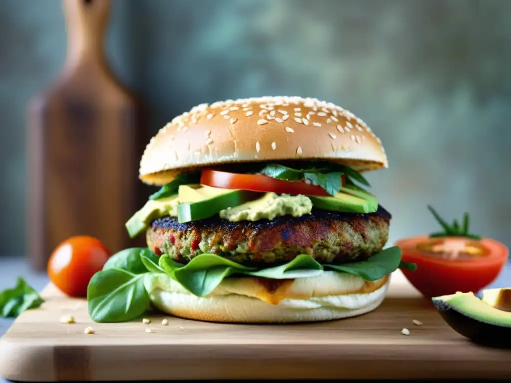 Deliciosa hamburguesa vegana sin gluten, colorida y vibrante, con ingredientes frescos y apetitosos en un entorno acogedor