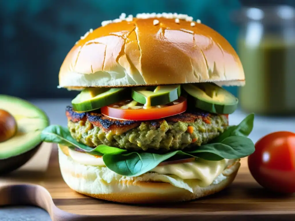 Una deliciosa hamburguesa vegana sin gluten, colorida y vibrante, lista para disfrutar