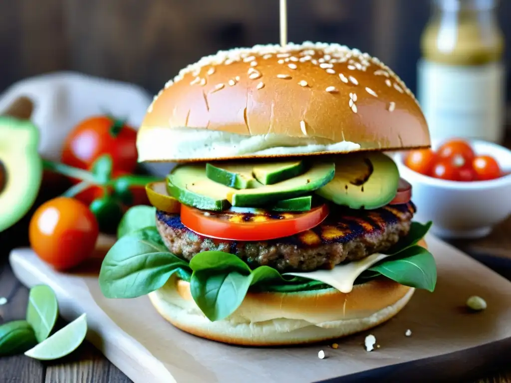 Deliciosa hamburguesa vegana sin gluten cargada de ingredientes frescos y coloridos, sobre una mesa de madera rústica