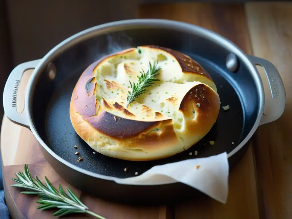 Deliciosa hogaza sin gluten en sartén dorada y crujiente, con romero fresco y sal marina