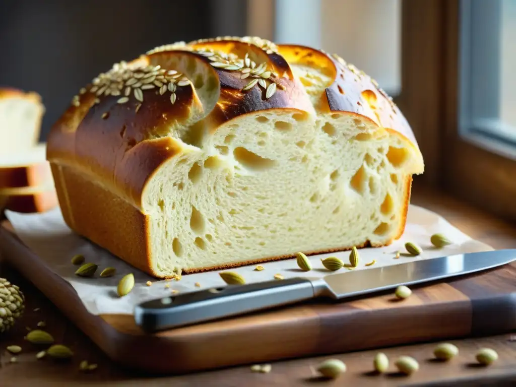 Deliciosa hogaza sin gluten con semillas y miel, sobre tabla de madera rústica