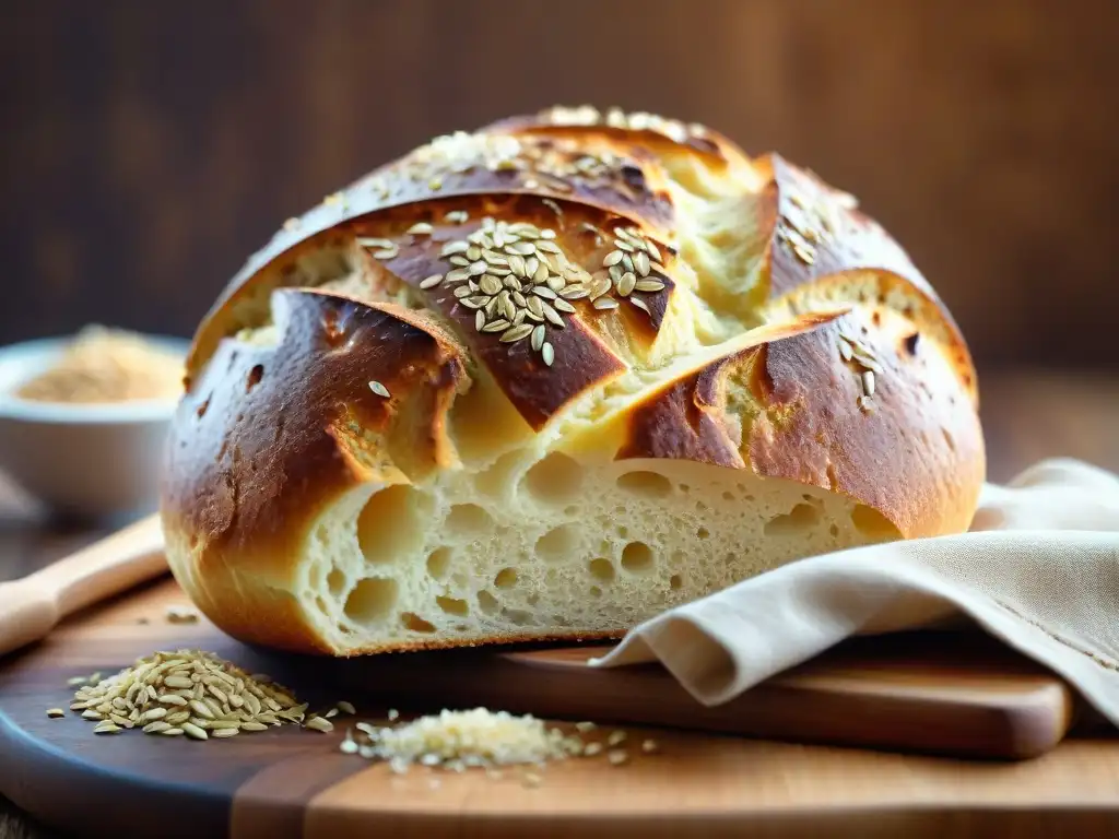 Deliciosa hogaza sin gluten en tabla de madera, con costra dorada y semillas de lino