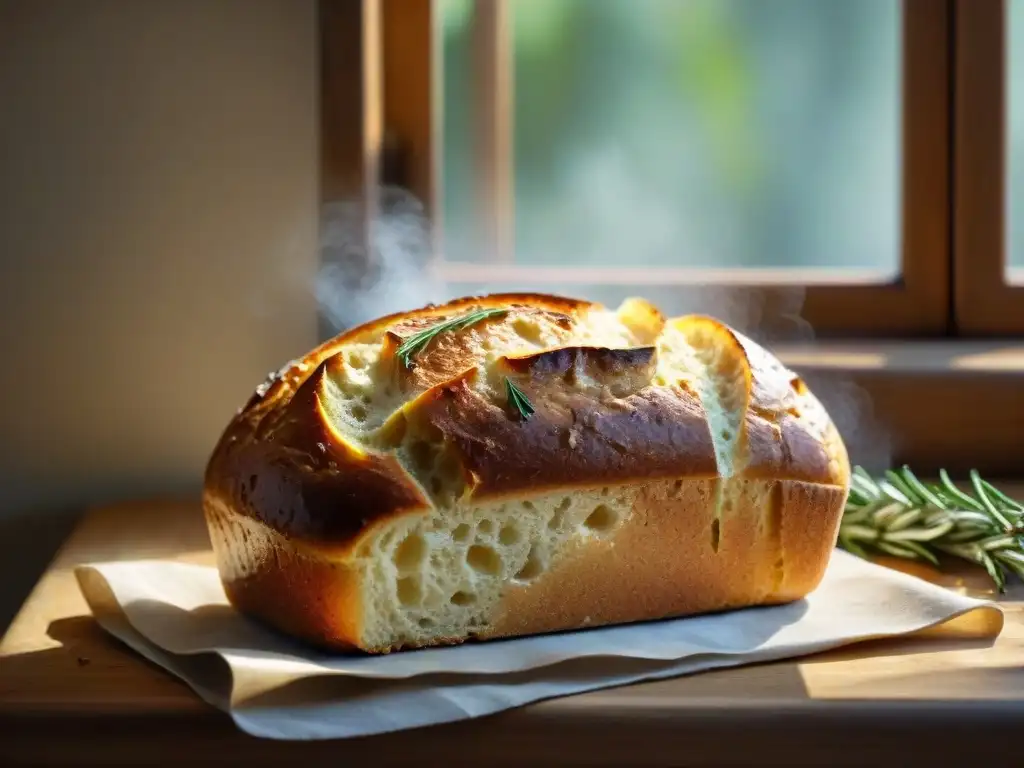 Una deliciosa hogaza sin gluten recién horneada con aceite de oliva artesanal y romero, bajo la luz suave de una cocina