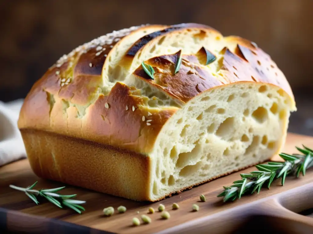 Deliciosa hogaza sin gluten recién horneada, con levaduras en panificación sin gluten, sobre tabla rústica con hierbas frescas