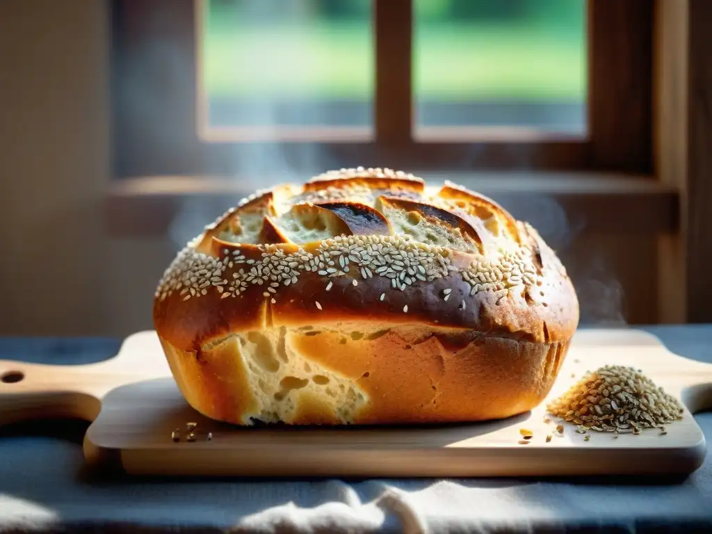 Deliciosa hogaza sin gluten recién horneada, rodeada de semillas y con levaduras en panificación sin gluten