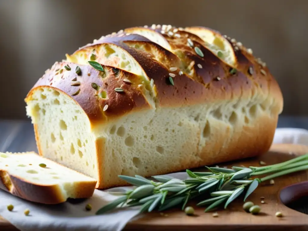 Deliciosa hogaza sin gluten recién horneada con semillas de sésamo, crujiente por fuera y esponjosa por dentro en una mesa rústica