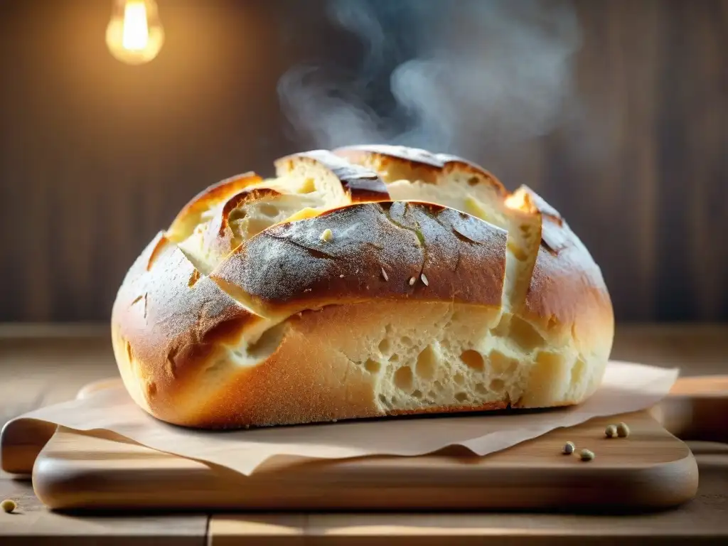 Deliciosa hogaza sin gluten recién horneada en tabla de madera, con semillas de sésamo y vapor