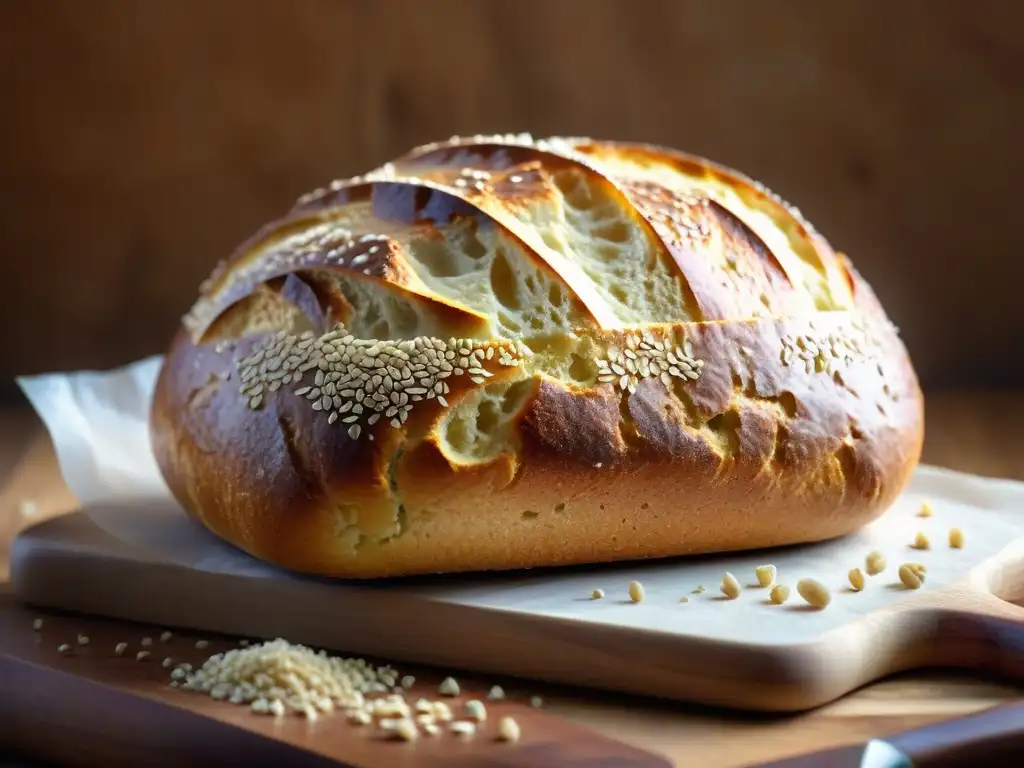 Deliciosa hogaza sin gluten recién horneada en tabla de madera rústica con semillas de sésamo, bañada por luz solar