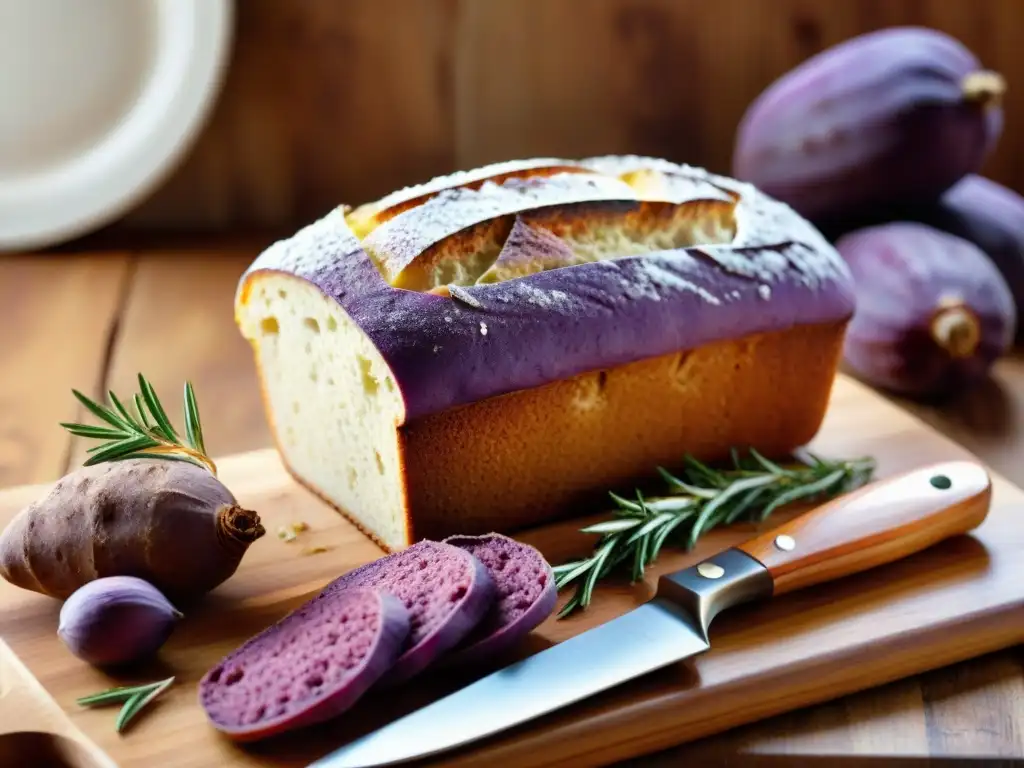 Deliciosa hogaza morada de batata sin gluten en tablero rústico con romero fresco y cuchillo vintage