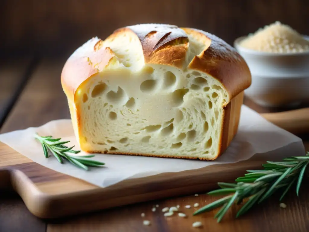 Deliciosa hogaza de pan sin gluten con harina de arroz en tabla rústica, decorada con romero fresco y harina