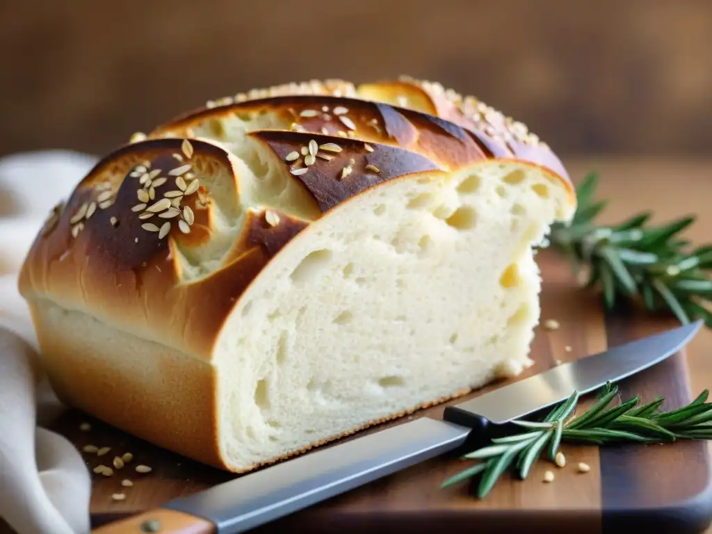 Deliciosa hogaza de pan sin gluten con harina de arroz, con costra dorada y semillas de sésamo, rebanada y esponjosa, sobre tabla de madera rústica