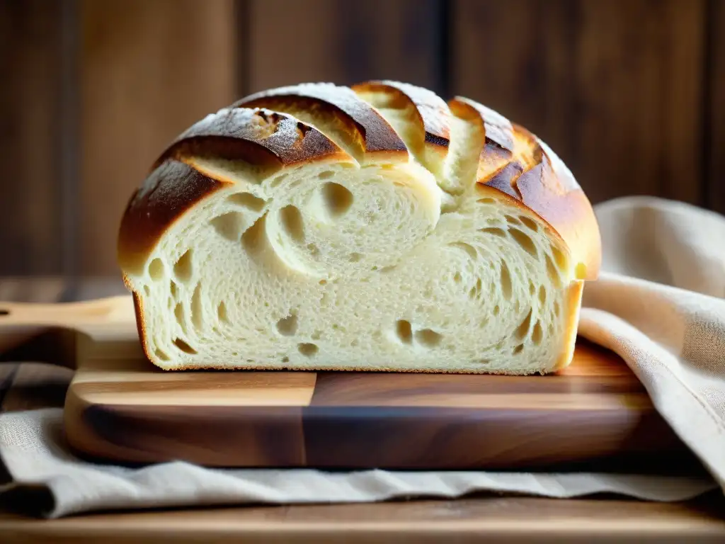 Deliciosa hogaza de pan sin gluten dorado, recién horneado en tabla rústica