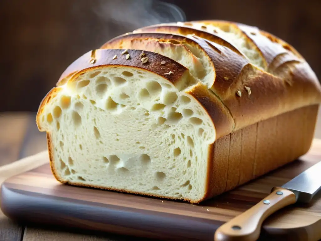 Deliciosa hogaza de pan de harina de avena sin gluten recién horneada, con corteza dorada y avena esparcida, emitiendo vapor