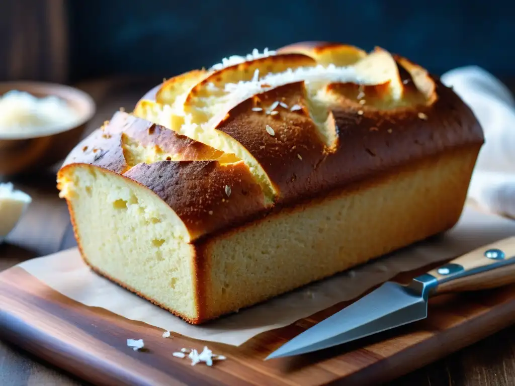 Deliciosa hogaza de pan de harina de coco recién horneada, sin gluten, con coco rallado, en tabla rústica