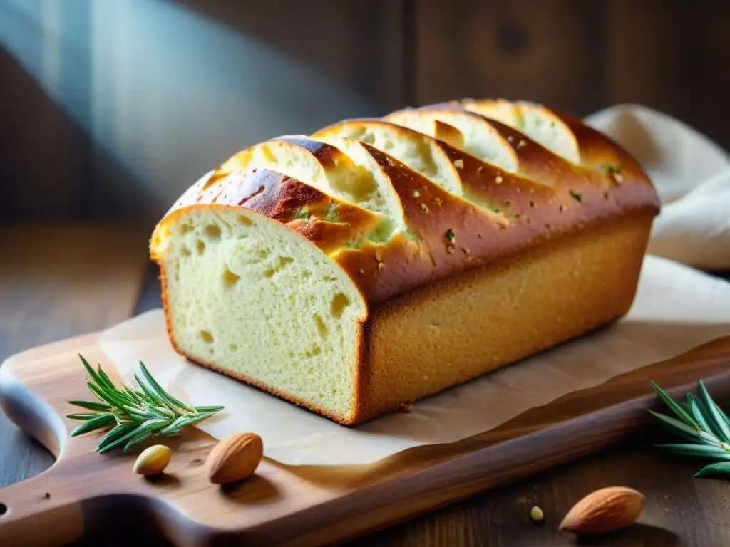 Deliciosa hogaza de pan de harina de almendra sin gluten recién horneada en una tabla de madera rústica con almendras y romero fresco