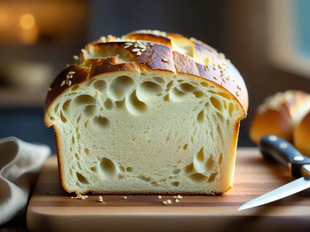 Deliciosa hogaza de pan sin gluten recién horneada con semillas de sésamo, corteza dorada y vapor, sobre tabla de madera