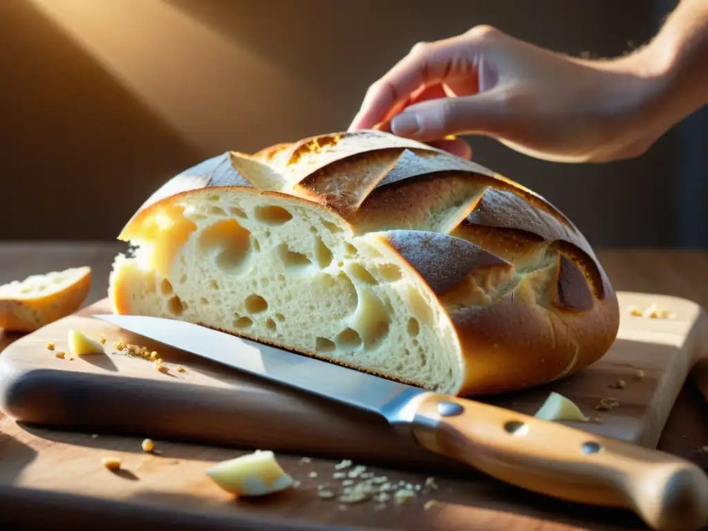 Delicioso pan recién horneado en tabla de madera Deliciosa hogaza de pan recién horneado en tabla de madera rústica