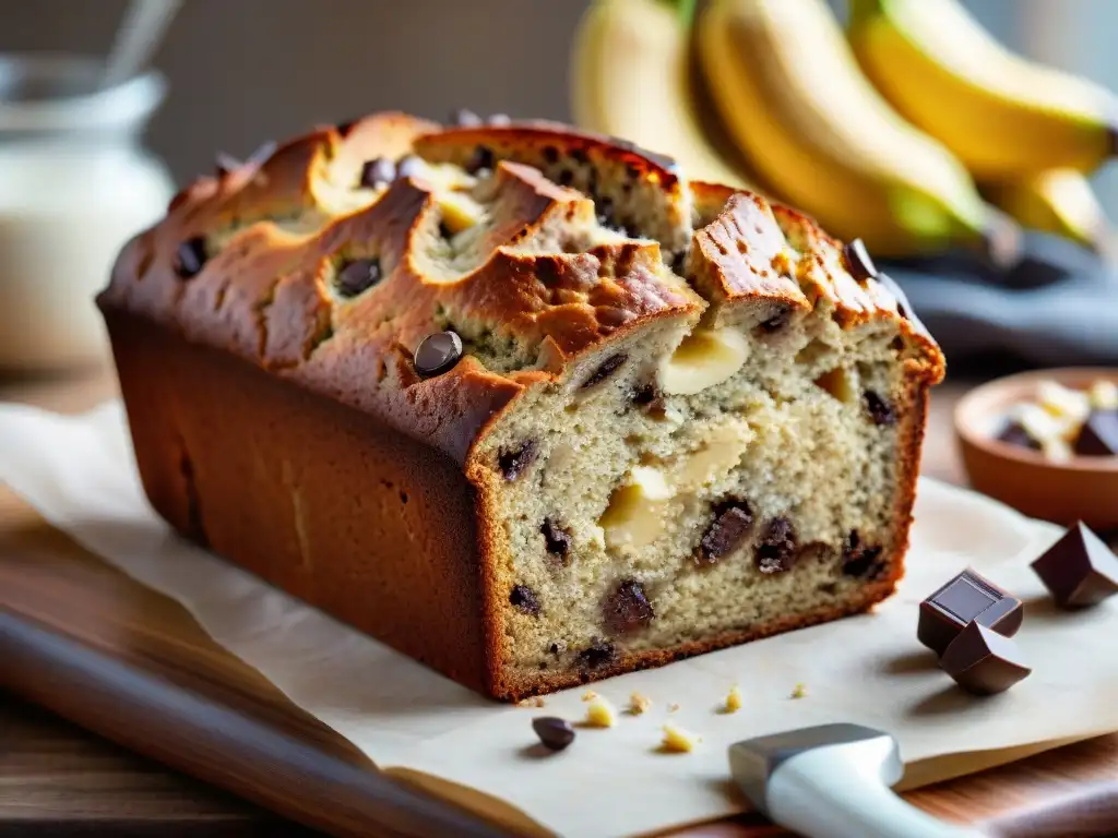 Deliciosa hogaza de pan de plátano sin gluten recién horneado en tabla de madera rústica, perfectamente rebanado