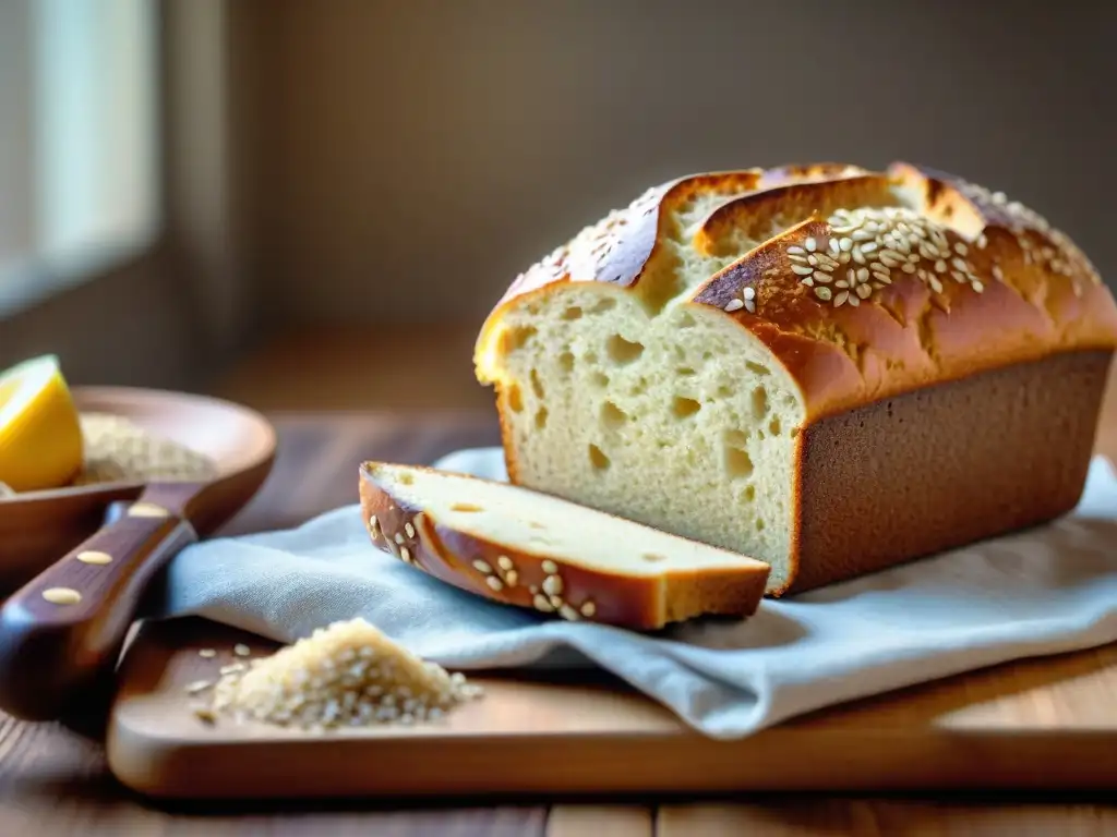 Deliciosa hogaza de Pan de Quinua y Arroz Integral sin gluten, ambiente acogedor de cocina rústica