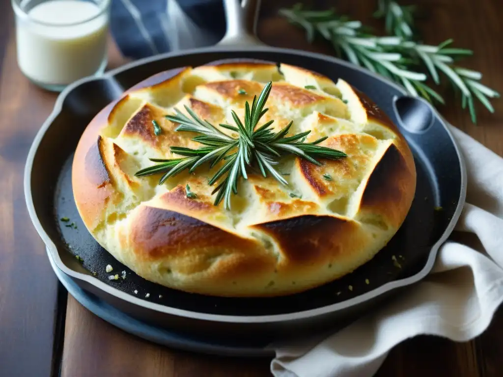 Deliciosa imagen de un pan sin gluten en sartén, cocinándose a la perfección con romero fresco y sal marina