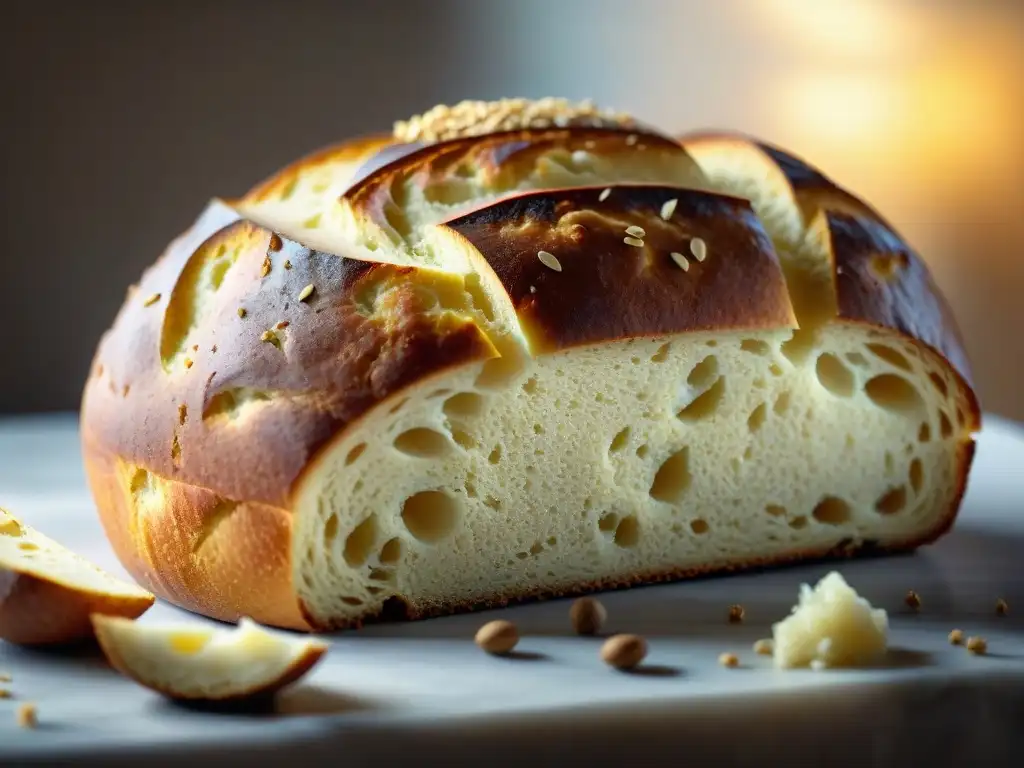 Deliciosa imagen de un pan sin gluten perfecto, recién horneado, con una corteza dorada brillante y miga suave y esponjosa