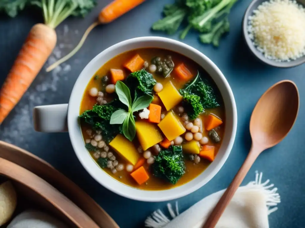 Deliciosa sopa sin gluten para invierno, llena de color y texturas, con nieve cayendo afuera